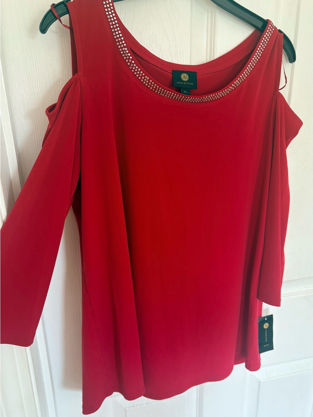 MJ Collection B Red Cold-Shoulder Rhinestone Neck Tunic - Picture 4 of 6